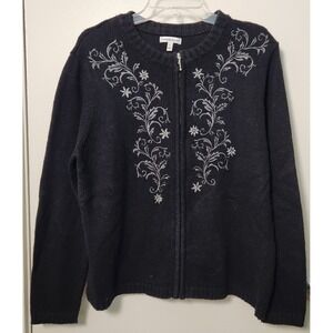 Croft & Barrow Women's Black Embroidered Cardigan Sweater‎ Full Zip XL Beaded